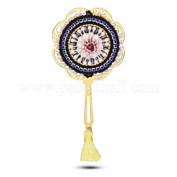 SHEGRACE Japanese Seed Beads Brooches, with Brass Findings and Tassels, Fan, Golden, 100x48mm