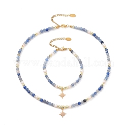 Pulsera y collar con colgante de estrella de latón, Conjunto de joyería de cadenas con cuentas de perlas y aventurina azul natural para mujer, dorado, 7-1/4 pulgada (18.5 cm), 16-1/8 pulgada (41 cm), 2 PC / sistema
