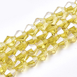 Abalorios de vidrio electroplate hebras, lustre de la perla chapado, facetados, bicono, oro, 6x5.5~6mm, agujero: 1 mm, aproximamente 44~47 pcs / cadena, 11.02 pulgada
