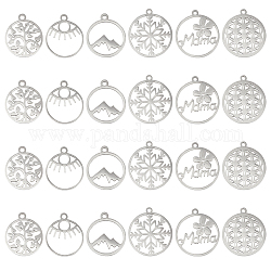 DICOSMETIC 24Pcs 6 Style 201 Stainless Steel Laser Cut Pendants,  Filigree Joiners Findings,  Flat Round, Stainless Steel Color, 17~22x14.5~20x1mm, Hole: 1.5mm, 4pcs/style