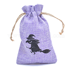 Bolsas de embalaje de arpillera de halloween, bolsas de cordón, rectángulo con patrón de bruja, lila, 15x10 cm