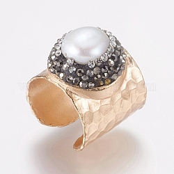 Brass Rings, with Polymer Clay Grade A Rhinestone and Pearl, Adjustable, Flat Round, Size 8, Rose Gold, 18mm