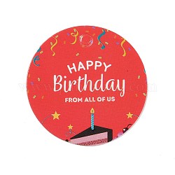 Etichette regalo in carta kraft buon compleanno, rotondo e piatto, modello torta, 3x0.02cm, Foro: 3 mm, circa 100pcs/scatola