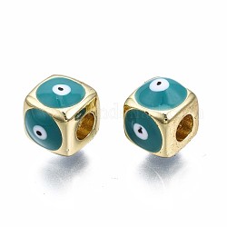Brass European Beads, with Enamel, Large Hole Beads, Real 18K Gold Plated, Nickel Free, Cube with Evil Eye, Light Sea Green, 9x10x10mm, Hole: 4mm