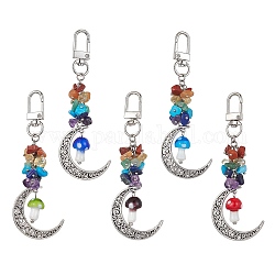 Décoration pendentif en alliage de lune, avec des perles de copeaux de pierres précieuses et des perles de lampadaire faites à la main aux champignons, fermoirs pivotants en alliage, chakra, couleur mixte, 103mm