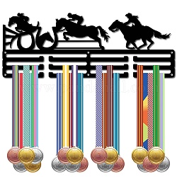 Scaffale da parete espositore porta medaglie in ferro alla moda, 3 riga, con viti, nero, equestre, gli sport, 150x400mm, Foro: 5 mm