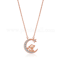 Chinese Zodiac Necklace Monkey Necklace 925 Sterling Silver Rose Gold Monkey on the Moon Pendant Charm Necklace Zircon Moon and Star Necklace Cute Animal Jewelry Gifts for Women, Monkey, 15 inch(38cm)