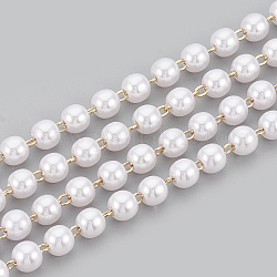 Catene di perline in ottone fatte a mano da 3.28 piedi, saldato, con la bobina, perla d'imitazione plastica abs, vero placcato oro 18k, bianco, 4x3.5mm
