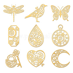 Nickel Decoration Stickers, Metal Resin Filler, Epoxy Resin & UV Resin Craft Filling Material, Golden, Punk Gear Theme, Heart/Butterfly/Bird, Mixed Shapes, 40x40mm, 9 style, 1pc/style, 9pcs/set