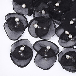 Pendentifs en organza, avec des accessoires de fer et de perles d'imitation en plastique ABS, or clair, noir, 40~55x43~53mm, Trou: 2mm