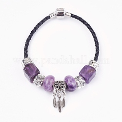 Natural Amethyst Beads Cord Bracelets, with Brass Findings, Flower with Leaf, 7-7/8 inch(20cm), 3mm