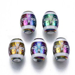 Abalorios de vidrio electroplate, barril con diseño de flores, colorido, 11x8mm, agujero: 1.2 mm, aproximamente 200 unidades / bolsa