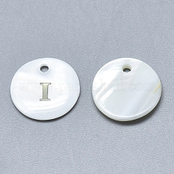 Charms in madreperla conchiglia bianca naturale, con adesivo in ferro, piatta e rotonda con la lettera, letter.i, 13x2mm, Foro: 1.5 mm