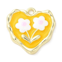 Colgantes de esmalte de aleación, dorado, encanto de corazón con flor, amarillo, 18x18x3mm, agujero: 1.6 mm