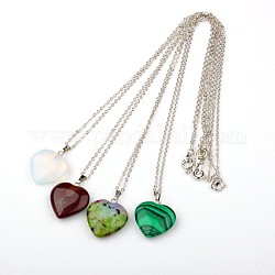 Gemstone Heart Pendant Necklaces, with Brass Chains and Brass Spring Ring Clasps, Platinum, Mixed Stone, 18 inch