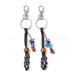 Porte-clés pochette en nylon tressé, avec des perles de pierres précieuses chakra et des fermoirs pivotants en alliage, un mousqueton pour lanière, noir, 13 cm