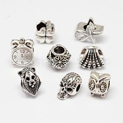 Mixed Shaped Alloy European Beads, Large Hole Beads, Antique Silver, 10~14x8~11x6.5~9.5mm, Hole: 4.5~5mm