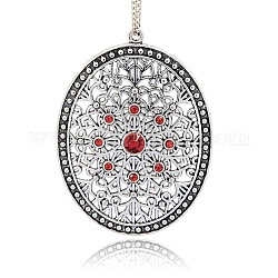 Antique Silver Plated Alloy Oval Big Pendants, with Rhinestones, Hollow, Hyacinth, 64x47x6mm, Hole: 2mm