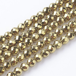 Chapelets de perles en hématite synthétique sans magnétiques, placage sous vide, facetté (64 facettes), ronde, plaqué or, or, 3mm, Trou: 1mm