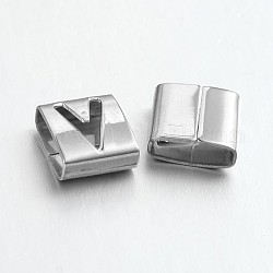 Breloques coulissantes carrées de lettre en 201 acier inoxydable, letter.v, 9x8x4mm, Trou: 8x3mm