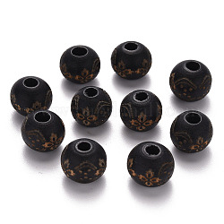 Perle di legno naturale verniciate, motivo inciso al laser, tondo con motivo floreale, nero, 10x9mm, Foro: 3 mm