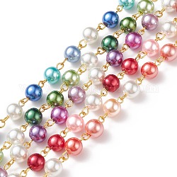 5pcs chaîne de perles de verre à la main 5 couleurs, avec épingles à œil en fer plaqué or, non soudée, couleur mixte, 14x8mm, 1m / pc, 1 pc / couleur