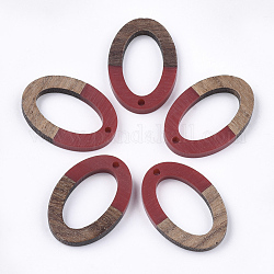Pendenti in resina e legno di noce, ovale, firebrick, 28.5x19.5x3~4mm, Foro: 1.8 mm