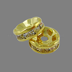 Abalorios de latón Diamante de imitación espaciador, Grado A, brida recta, color metal dorado, rerondana plana, cristal, 10x4mm, agujero: 2 mm