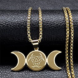 304 colliers pendentif triple lune en acier inoxydable, Boîte à bijoux pour hommes et femmes, or, 23.62 pouce (60 cm)