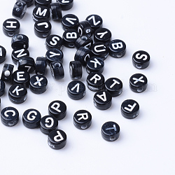 Perline di lettere con foro orizzontale acrilico artigianale, rotondo e piatto, bianco, 6~7x3.5~4mm, hole: 2mmg