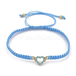Verstellbare Nylonschnur geflochtenen Perlen Armbänder, mit legiertem Harzglied und runden Messingrunden, Herz, Licht Himmel blau, Innendurchmesser: 2-3/8~4-3/8 Zoll (6.2~11 cm)