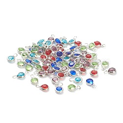 Faceted Glass Charms, with Brass Findings, Long-Lasting Plated, Flat Round, Platinum, 7.5x5x2mm, Hole: 1.4mm