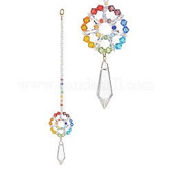 Glass Bullet Pendant Decorations, with Imitation Austrian Crystal Beads, 304 Stainless Steel Split Rings, Flower, Colorful, 250mm