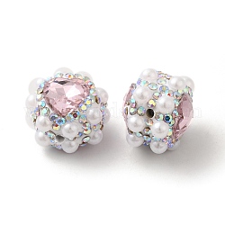 Perles de strass en argile polymère, avec perle d'imitation, cœur, rose, 17.5x17x14mm, Trou: 1.6mm