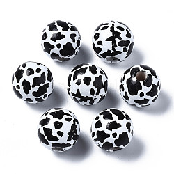 Perles européennes en bois naturel peint, Perles avec un grand trou   , imprimé, rond avec imprimé léopard, noir, 16x15mm, Trou: 4mm