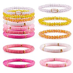 7 pièces 7 style fait à la main en argile polymère heishi surfeur ensemble de bracelets extensibles, bracelets de perles de verre, bracelets preppy empilables pour femmes, rose, diamètre intérieur: 2-1/8 pouce (5.3 cm), 1pc / style
