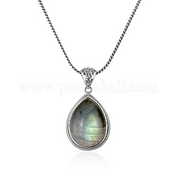 925 Sterling Silver Pendant, with Natural Moonstone, Teardrop, Antique Silver