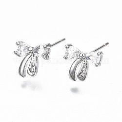 Brass Stud Earrings, with Clear Cubic Zirconia, Nickel Free, Bowknot, Real Platinum Plated, 8.5x9mm, Pin: 0.7mm