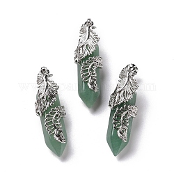 Natural Green Aventurine Pendants, with Platinum Tone Brass Findings, Cadmium Free & Lead Free, Double Terminal Pointed Bullet with Feather, 45~47.5x14~14.5x13~14mm, Hole: 8x5mm
