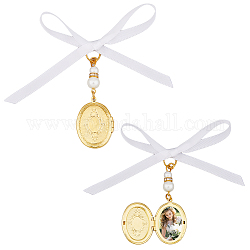 SUPERFINDINGS 2PCS Brass Wedding Bouquet Charms Locket Pendant Decorations with Acrylic Imitated Pearl Beads and Satin Ribbon Golden Oval Rial Angel Photo Pendants