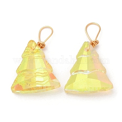 Glass Pendants, with Light Gold Brass Loops, Christmas Tree Charms, Yellow, 21~22x13~13.5x5~5.5mm, Hole: 5x3.5mm