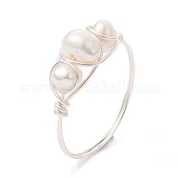 Natürliche Perle Fingerringe, Kupferdraht umwickelter Ring, Silber, uns Größe 8 1/2 (18.5mm)