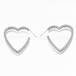 Brass Half Hoop Earrings, Stud Earring, Heart, Nickel Free, Real Platinum Plated, 33x30x4mm, Pin: 0.7mm