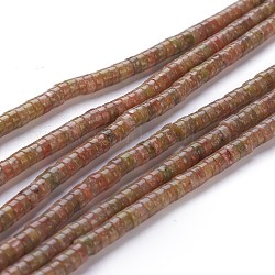 Abalorios naturales unakite hebras, abalorios heishi, Disco redondo plano, 4~4.5x2.5mm, agujero: 0.7 mm, aproximamente 167 unidades / cadena, 15.43 pulgada (39.2 cm)