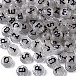 Emaille-Stil Acryl Perlen, leuchtend, horizontales Loch, flach rund mit Brief, lichtgrau, gemischt, 7x4 mm, Bohrung: 1.6 mm