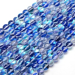 Synthetic Moonstone Beads Strands, Dyed, Holographic Beads, Half AB Color Plated, Round, Royal Blue, 6mm, Hole: 1mm, about 64pcs/strand, 15 inch