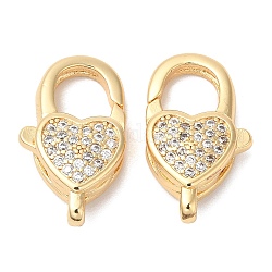 Brass Micro Pave Clear Cubic Zirconia Lobster Claw Clasps, Heart, Real 18K Gold Plated, 20x11.5x6mm, Hole: 2.6x1.6mm