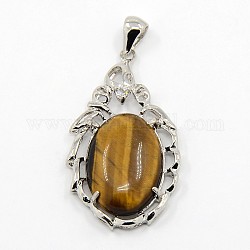 Natural Bezel Gemstone Tiger Eye Pendants, with Platinum Plated Brass Findings, Oval, 45x25x7mm, Hole: 6x4mm