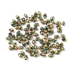 Perline di vetro palccato, metà d'oro placcato, sfaccettato, lacrima, verde mare, 6x4x4mm, Foro: 1 mm, circa 500pcs/scatola