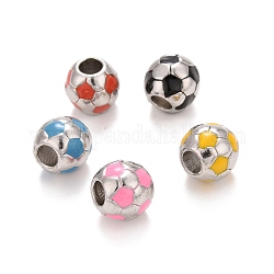 Perles européennes en 304 acier inoxydable, avec l'émail, Perles avec un grand trou   , rondelle avec ballon de foot / soccer, couleur mixte, 12.5x11.5mm, Trou: 5mm